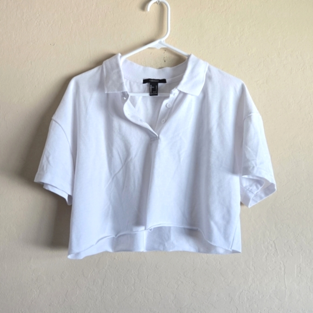 Forever 21 white cropped Jersey Knit polo Short Sleeve shirt size large